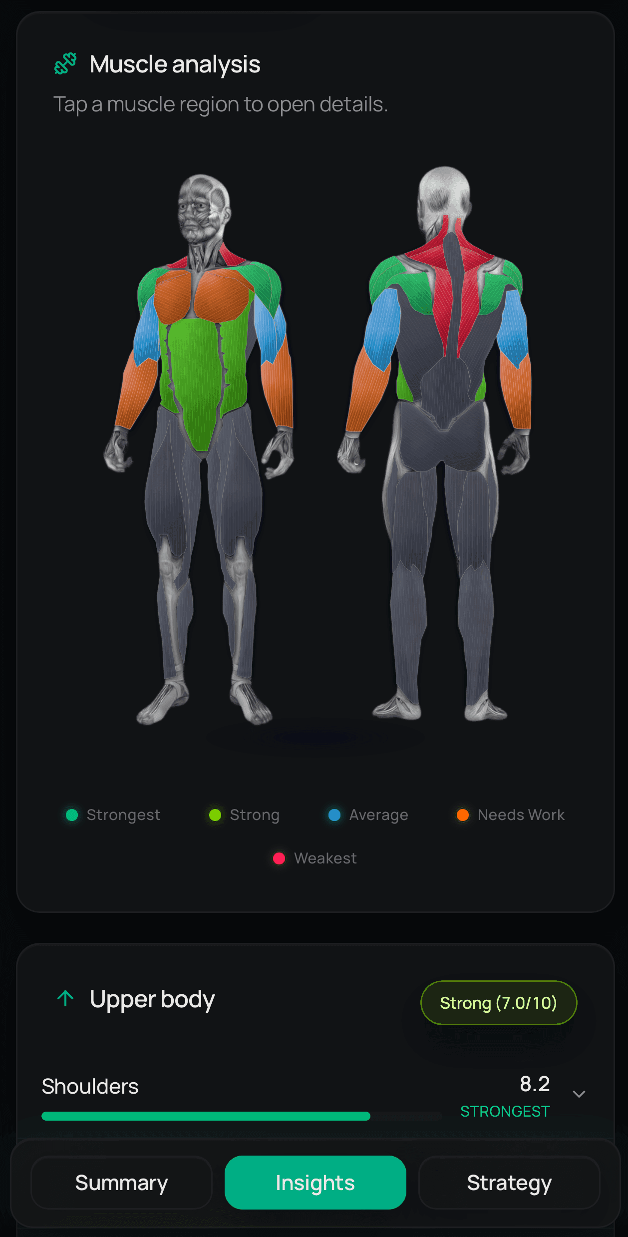 LeanLens muscle analysis screen with full body silhouettes and regional strength context.