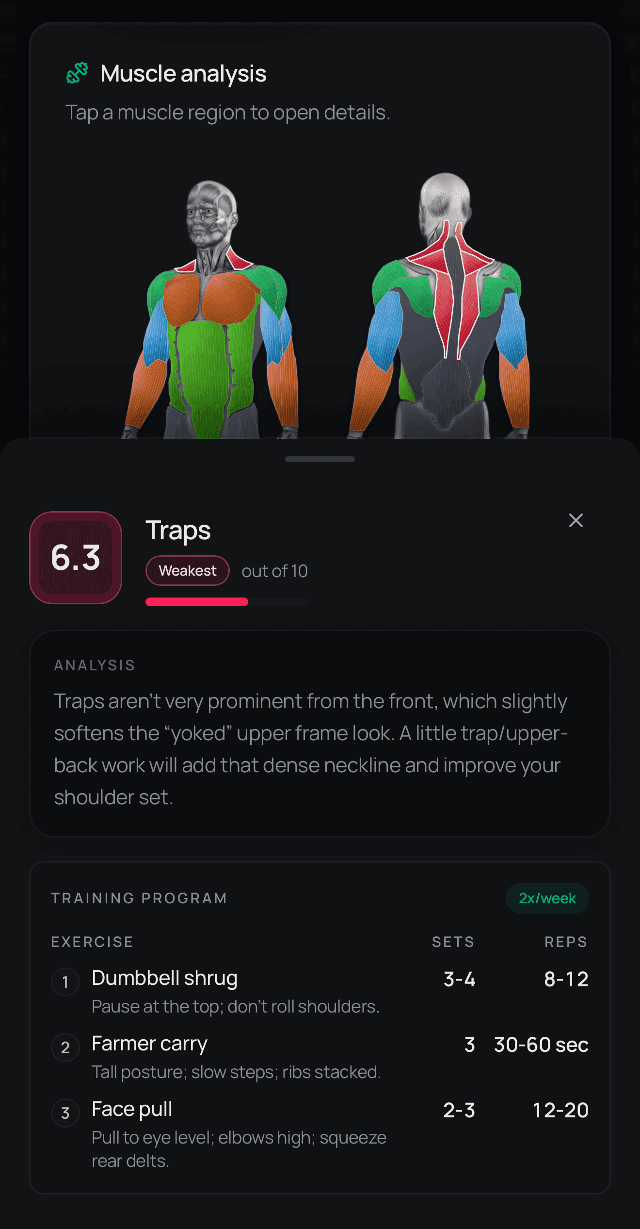 LeanLens highlighted weak muscle region with detailed guidance and a suggested training program.