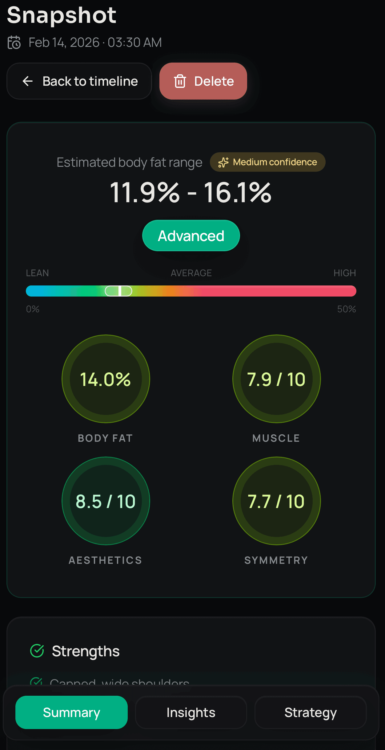 LeanLens snapshot details screen with a selected check-in.