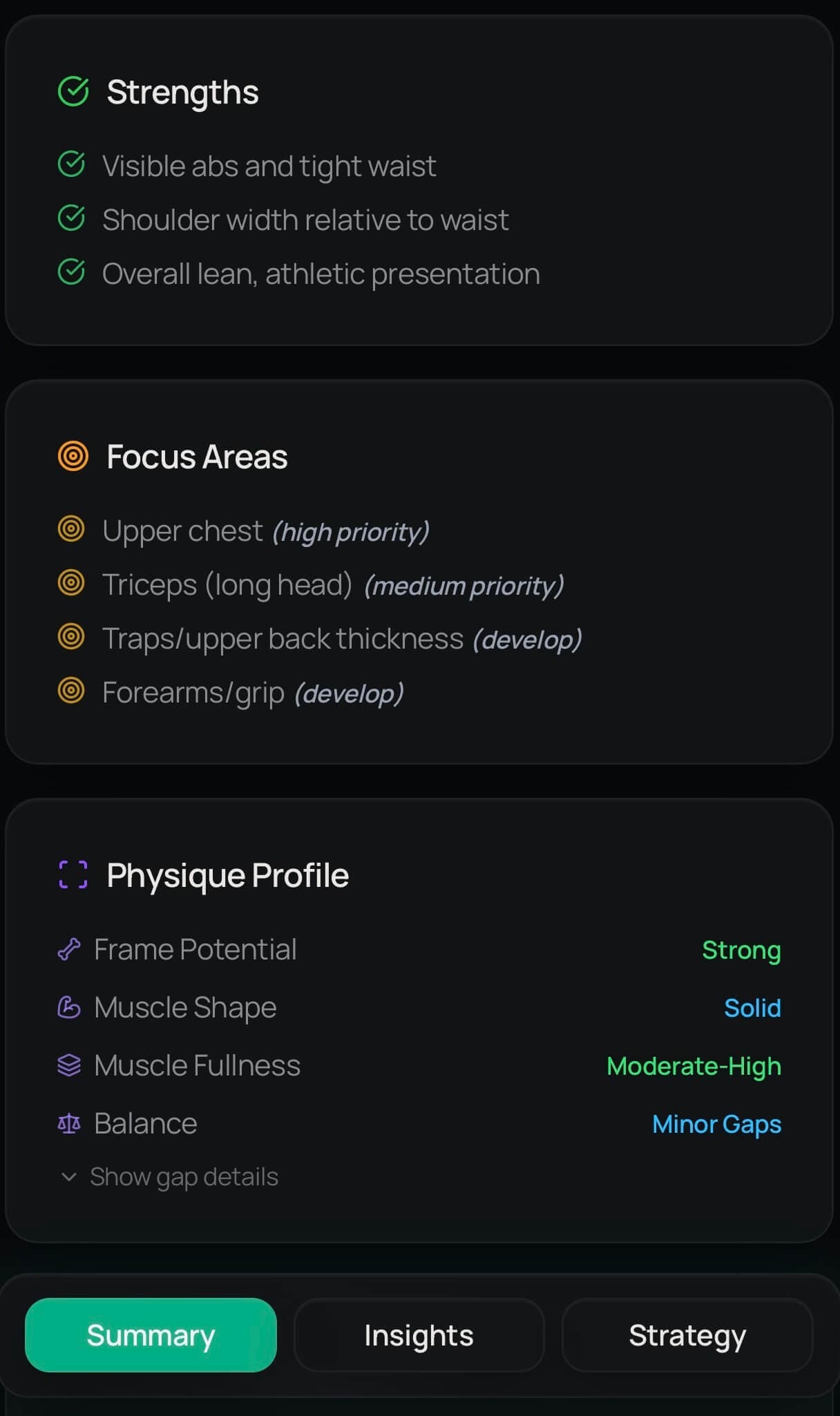 LeanLens summary panel highlighting strengths, focus areas, and physique profile.