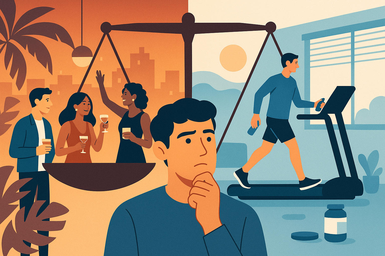 Editorial image of social nightlife balanced against training recovery and next-day performance decisions.