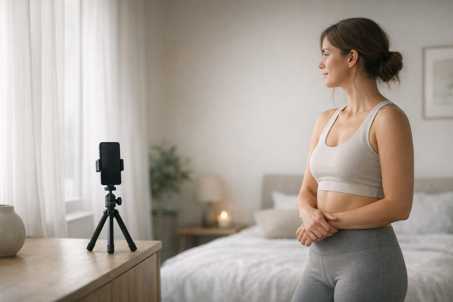 Editorial cover image showing a calm physique check-in setup with neutral lighting, a phone on a tripod, and a reflective but non-judgmental mood.