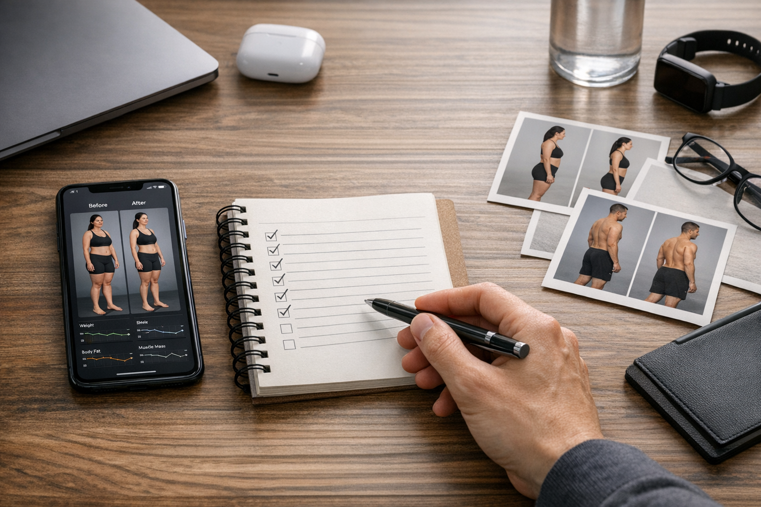 Editorial cover image showing a premium checklist-and-progress setup with a phone, transformation timeline, and focused planning tools.