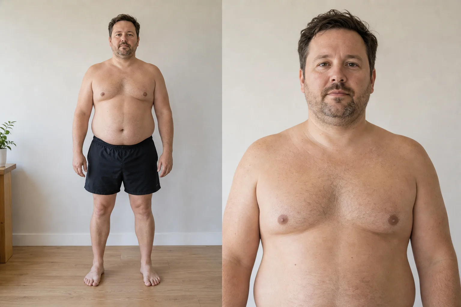 Synthetic adult male body fat visual reference for 25 to 29 percent, useful for comparing a mirror selfie.