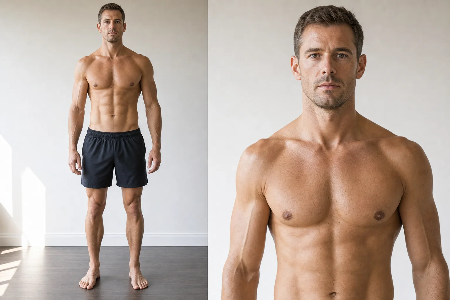 Synthetic adult male body fat visual reference for 10 to 14 percent, useful for comparing a mirror selfie.