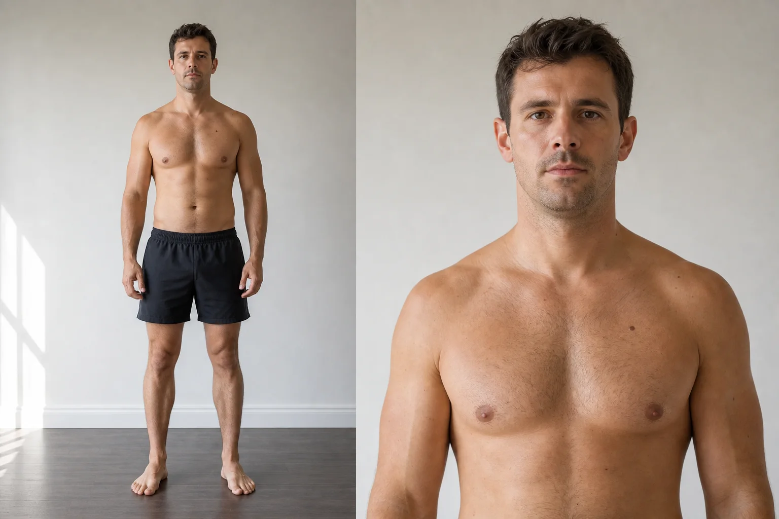 Synthetic adult male body fat visual reference for 15 to 19 percent, useful for comparing a mirror selfie.