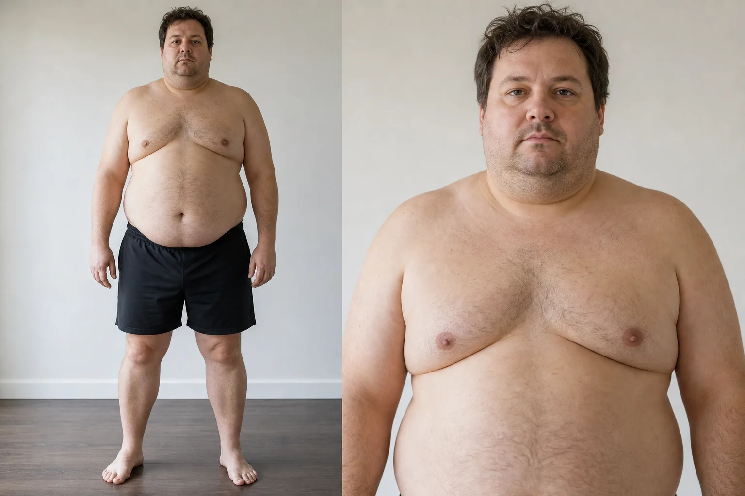 Synthetic adult male body fat visual reference for 30 percent and above, useful for comparing a mirror selfie.