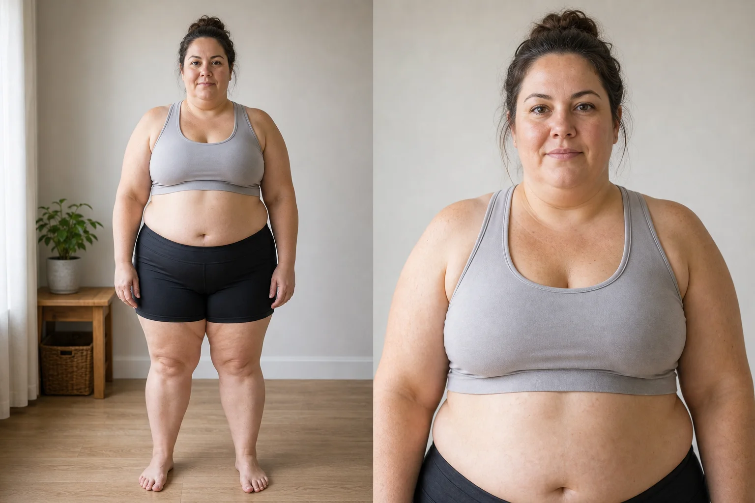 Synthetic adult female body fat visual reference for 33 percent and above, useful for comparing a mirror selfie.