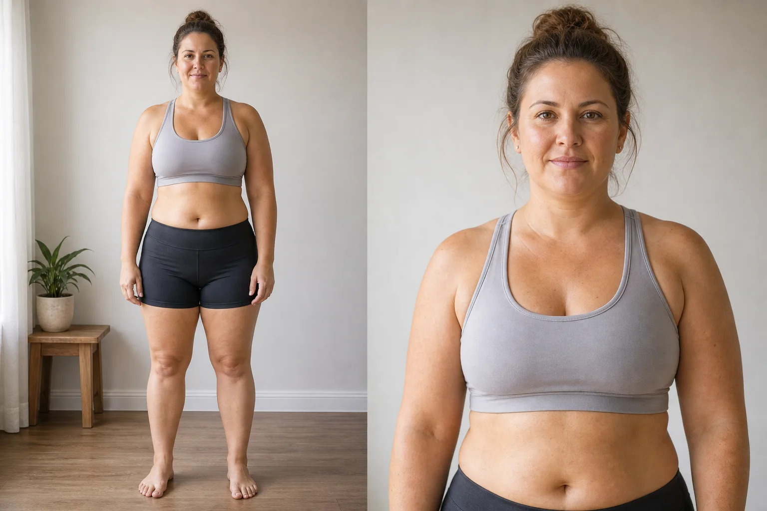 Synthetic adult female body fat visual reference for 28 to 32 percent, useful for comparing a mirror selfie.