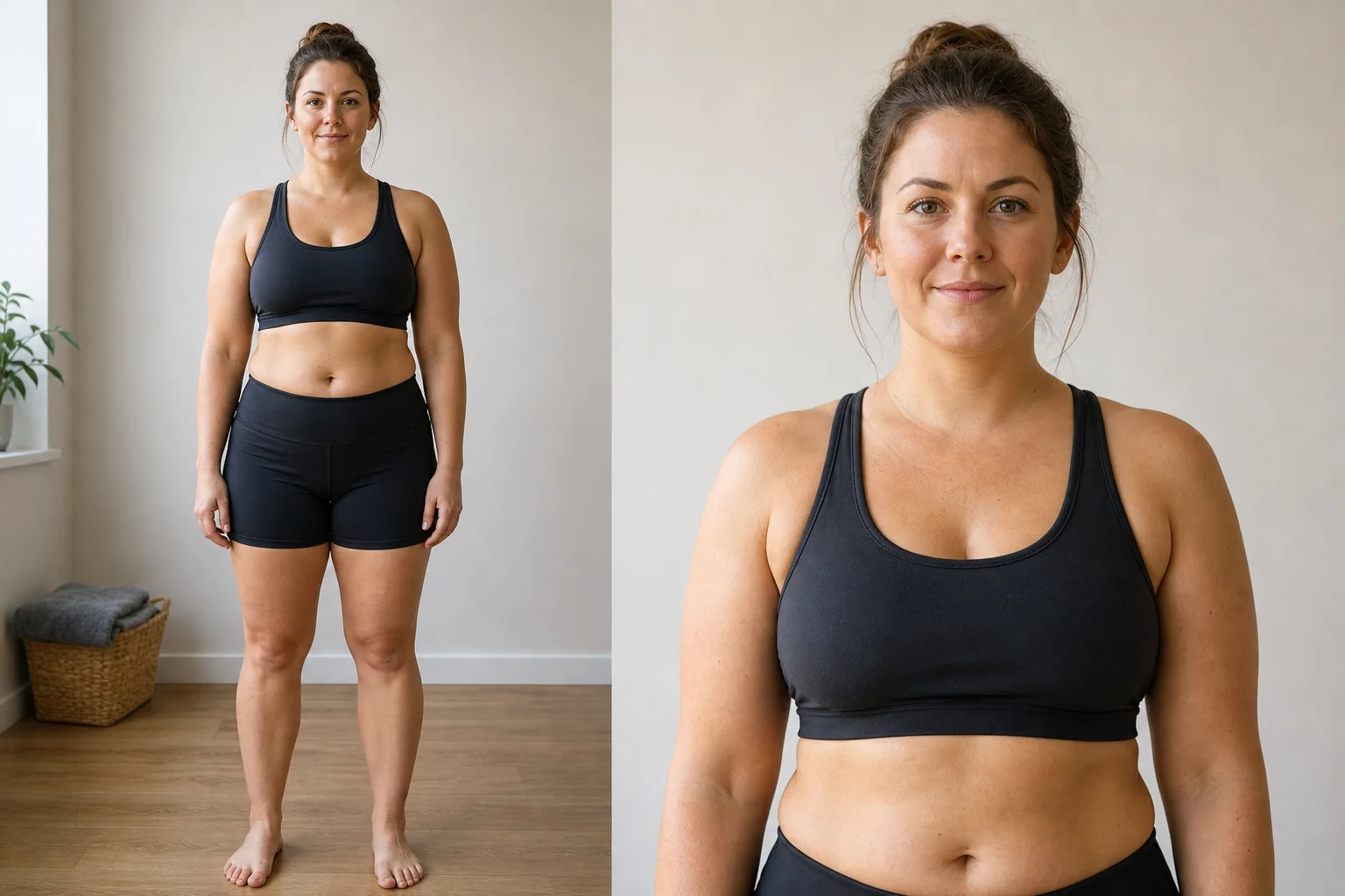 Synthetic adult female body fat visual reference for 23 to 27 percent, useful for comparing a mirror selfie.