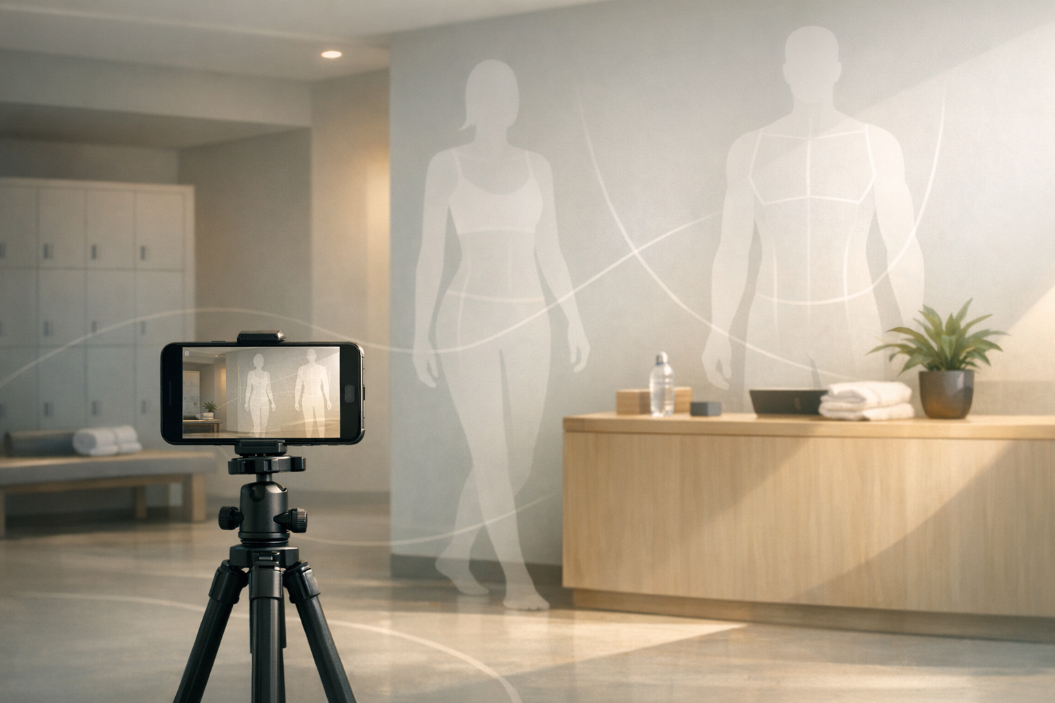 Editorial cover image showing a calm photo-analysis setup with a phone, body silhouette overlay, and clean visual cues.