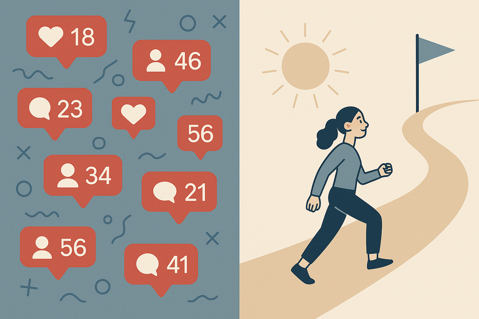 Editorial image of social media feed noise contrasted with a calm personal progress path.